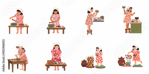 Young girl preparing and selling traditional skewers at a market stall, showcasing a delightful culinary process and cultural street food.