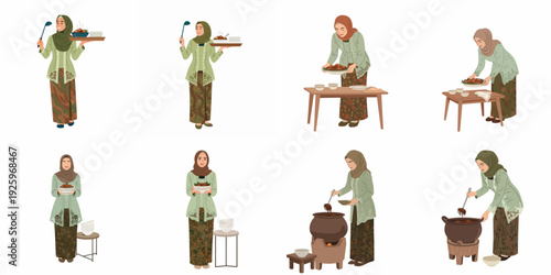 Muslim women in traditional Indonesian or Malay attire preparing and serving festive meals, depicting culinary traditions and hospitality.