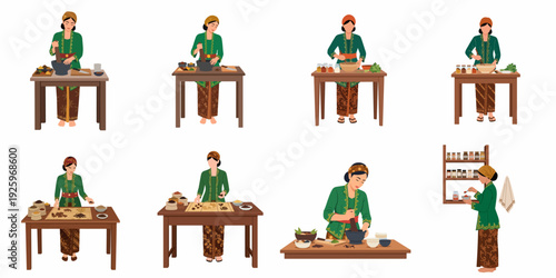 Javanese women preparing traditional Indonesian spices and herbal remedies, illustrating cultural culinary practices.