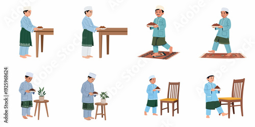 Young Muslim boy in traditional attire presents dates for Iftar, symbolizing Ramadan traditions and Eid al-Fitr celebrations.