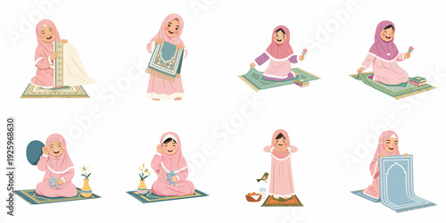 Collection of joyful Muslim girls in hijabs engaging in daily Islamic practices, showing happiness and spiritual growth in various adorable poses and activities.