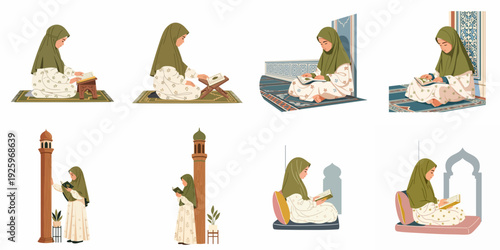 Illustrations of Muslim women in hijab studying Quran, depicting Islamic devotion, prayer, and religious education in various serene settings.