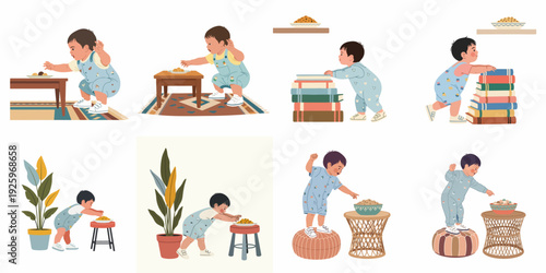 Collection of curious toddlers reaching for objects, exploring their environment, developing motor skills, and engaging in playful mischief.