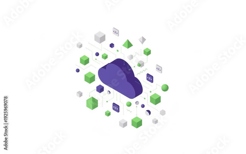 Isometric cloud computing concept showing digital data storage, interconnected network infrastructure, and technological services for modern information management solutions