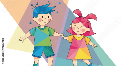 Smiling cartoon boy and girl holding hands colorful geometric background vibrant illustration playful childhood friendship scene happy children together