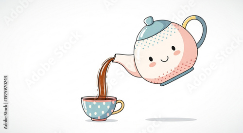 Cartoon teapot pouring coffee into a polka dot cup with a smiling face soft lighting white background whimsical style
