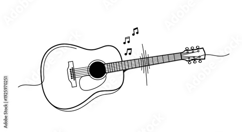 Acoustic Guitar with Musical Notes Illustration.