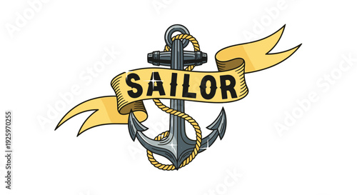 Anchor with Sailor Ribbon Emblem Design.