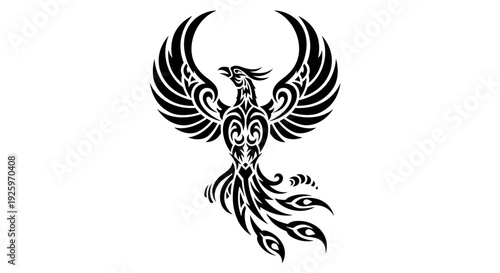 Black Phoenix Bird Tattoo Design Illustration.