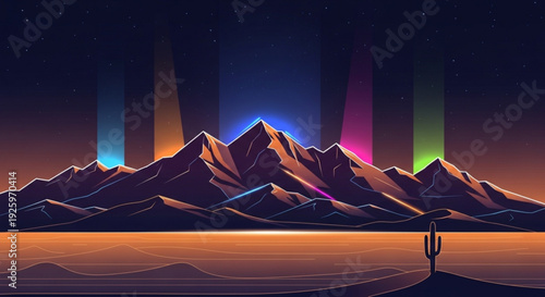Vibrant desert landscape with cactus mountains and colorful aurora lights at dusk evoking a sense of serenity and natural wonder