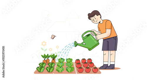 Boy Watering Plants with Green Watering Can.