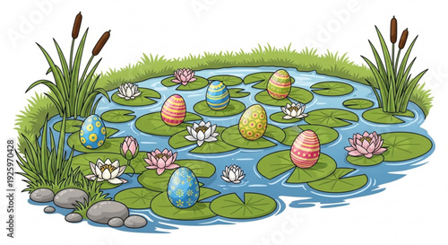 Colorful easter eggs floating on lily pads in a serene pond with water lilies and reeds