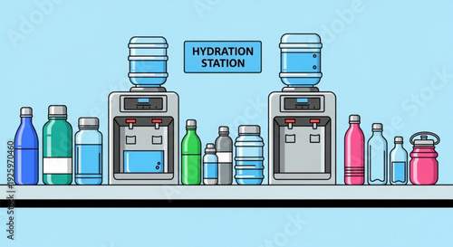 Hydration station with two water coolers and various colorful reusable water bottles on a table against a light blue background