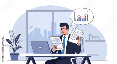 Businessman analyzing financial reports at office desk.