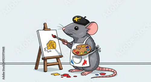 Gray mouse wearing artist apron and beret painting still life of fruit on canvas easel with colorful palette