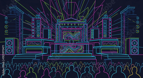 Neon lit concert stage illustration with crowd and vibrant lighting effects in futuristic design