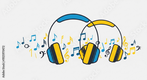 Vibrant headphones surrounded by musical notes in yellow and blue on white background