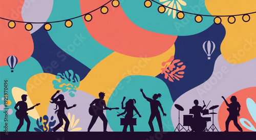 Vibrant music festival scene with silhouetted musicians performing under string lights and colorful abstract background