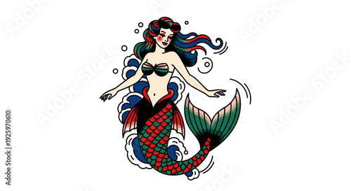 Colorful Mermaid Illustration with Flowing Hair.