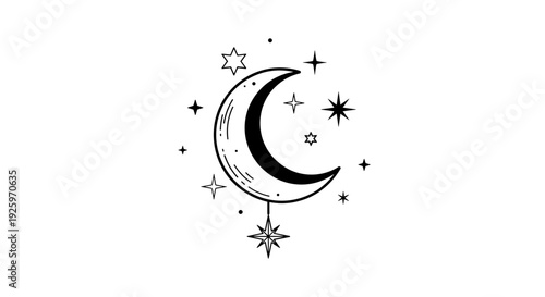 Crescent Moon with Stars Illustration Design.