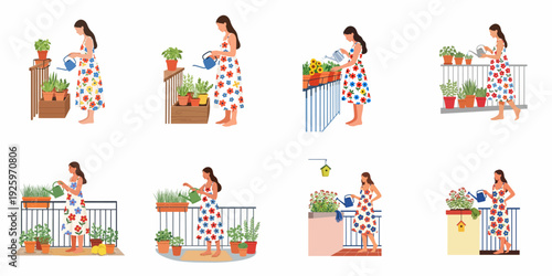Woman nurturing her urban balcony garden, watering potted plants, herbs, and flowers in various cozy apartment settings, embracing green living and nature.