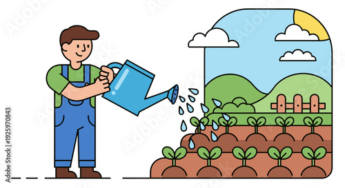 Farmer Watering Young Plants in Field.