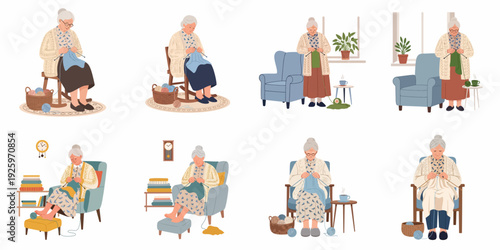 Elderly woman knitting in various cozy indoor settings, enjoying a peaceful and traditional hobby, a collection of heartwarming illustrations.