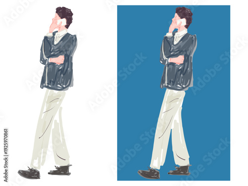 スマートフォンで話すジャケット姿の男性のイラストセット 背景なしと背景ありのバリエーション