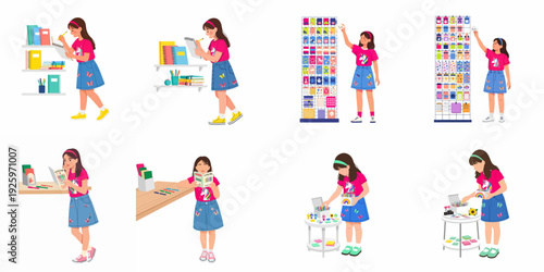 Young girl exploring and organizing colorful stationery and craft supplies, showcasing creativity, learning, and fun hobbies.