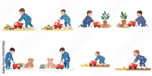 Adorable toddler in pajamas joyfully plays with a red toy truck and various colorful toys, illustrating childhood development and playful imagination.
