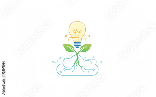 Innovation and growth symbolized by a lightbulb sprout emerging from a cloud network
