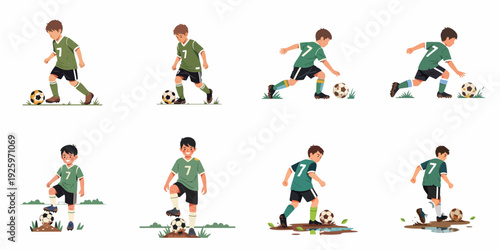 Collection of young boy soccer player illustrations in various action poses, dribbling and standing with a football on different terrains like grass, dirt, and mud puddles.