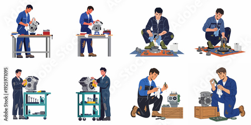 Automotive mechanics diligently working on engine components, performing maintenance, cleaning, and repair tasks in a professional workshop setting. Essential car service illustrations.