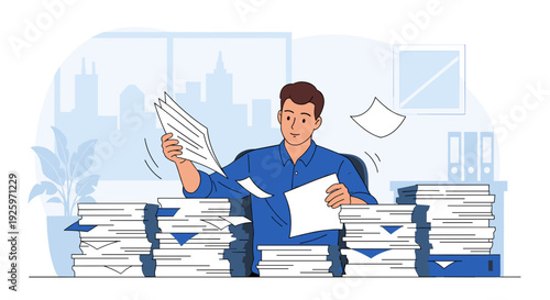 Man Overwhelmed by Piles of Documents.