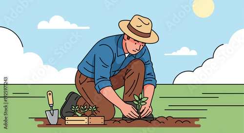 Man Planting a Small Green Plant.