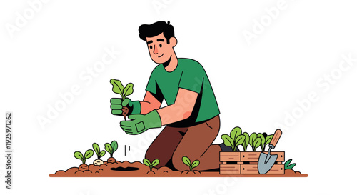 Man Planting Seedlings in Garden Soil 1.