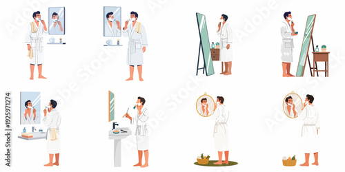 Collection of illustrations depicting a man's comprehensive daily shaving and personal grooming routine in the bathroom, emphasizing hygiene, self-care, and modern wellness.