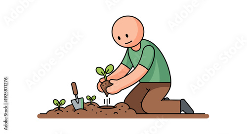 Man Planting Seedlings in Soil.