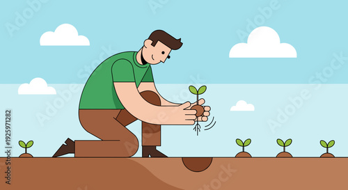 Man Planting Small Green Seedling in Soil.