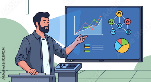 Man presenting data on large screen.