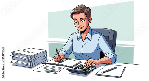 Man Working on Documents with Calculator.