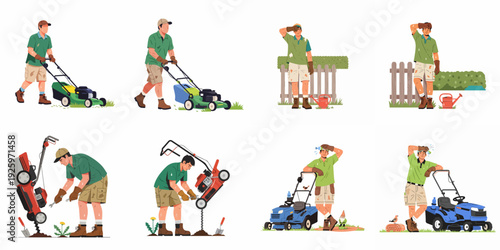 Illustrations of a man engaged in various lawn care and gardening tasks, showcasing mowing, equipment repair, weeding, and rest during summer yard work.