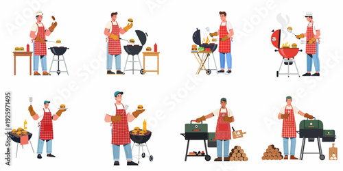 Collection of men grilling burgers and preparing food at a barbecue party, enjoying outdoor cooking with various types of grills and ingredients.