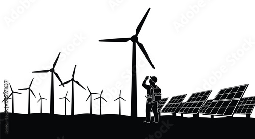 Engineer inspecting a renewable energy site with wind turbines and solar panels for sustainable power generation.