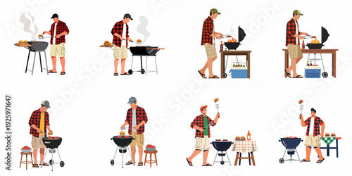 Men enjoying outdoor barbecue sessions, grilling burgers and sausages on various grills, perfect for summer gatherings and backyard parties.