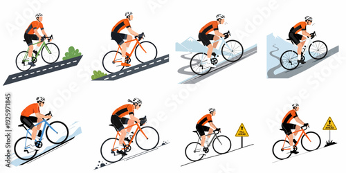 Cyclists conquering uphill challenges on diverse terrains: a vector illustration set depicting effort, endurance, and the journey of road biking and mountain climbs.