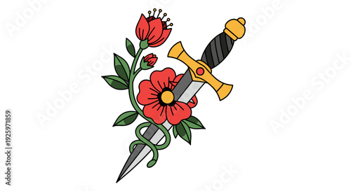 Tattoo Style Dagger and Red Flowers.