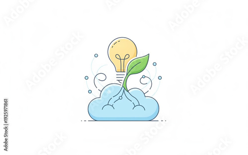 Conceptual illustration of an innovative idea lightbulb emerging from a plant in a cloud, symbolizing digital transformation, creative growth, and technological development
