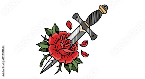 Tattoo Style Dagger Through Red Rose.