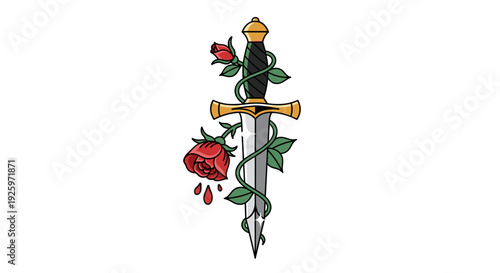 Tattoo Style Dagger with Roses and Thorns.